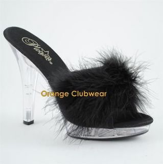   Womens Black Marabou Feather Slippers High Heels Evening Shoes Mules