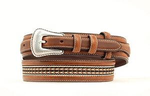 Man Brown Leather ~ Nocona® RANGER BELT ~ Tapestry Inlay Silver 