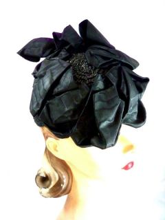 Vintage Ladies Black Hat Military Style Straw /Moire Ribbon Fascinator 