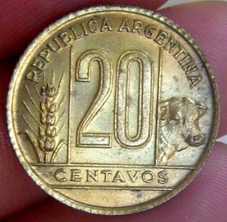 1942 ARGENTINA 20 CENTAVOS   KM # 42   SUPERB GRADE   9 CLOSED   BU 