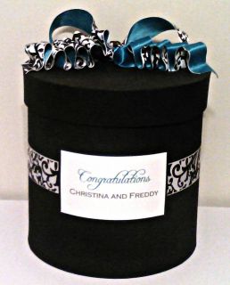   Damask Wedding /Anniversary Round Card Box with Accent Teal Ribbon