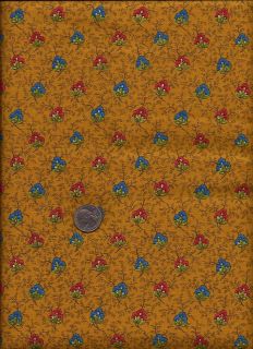 Provence Floral Print blue/rose on gold Fabric by Yuko Hasegawa for 