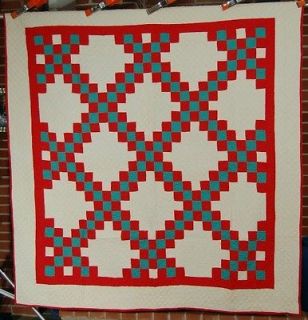 CLASSIC Vintage 40s Red & Green Triple Irish Chain Antique Quilt 