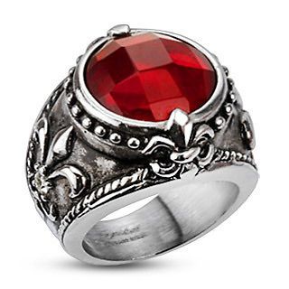   Steel Large Mens Faceted Red Stone Fleur De Lis Ring Size 9 13