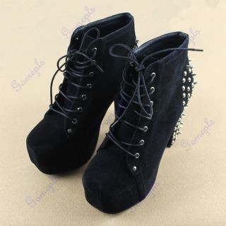 Women Spike Studded Rivets Platform Thick High Heels Lace Up Ankle 