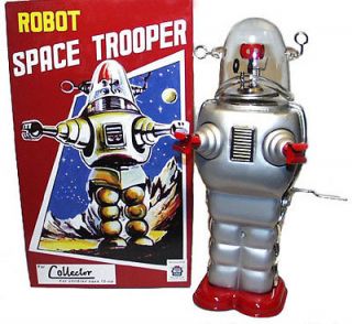 Space Trooper Robot Tin Toy Robby the Robot Silver Crank Windup