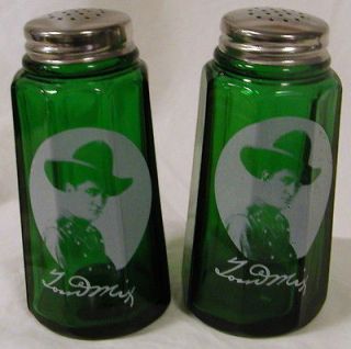 Emerald Green Glass Paneled Salt & Pepper Shaker Set w/ Tom Mix