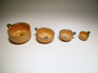 Set of 4 Vintage Clay Pots Bowls Primitive Style Green Blue Orange 