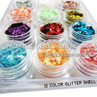 12 Mix Color GLITTER SHELL Sheet False Acrylic UV Gel Tips Nail Art 