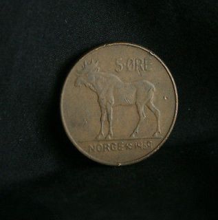 1959 Norway 5 Ore Bronze World Coin KM405 Animal Moose Olav V Norge 