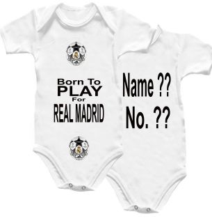 real madrid football baby shirt onesie babygro name no more
