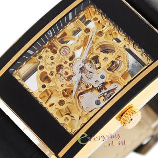 Luxury Mens Unique Square Movement Gold Skeleton Auto Mechanical Watch 