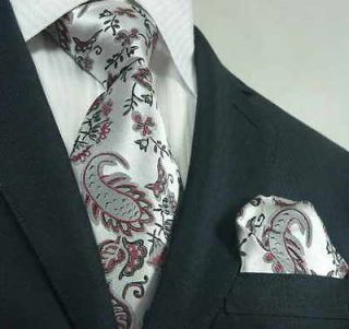  LB74K Silver Red Black Floral Mens Silk Tie Set: Tie+Hanky 3 Days Deal