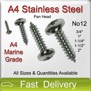 No12 A4 MARINE GRADE Stainless Steel PAN HEAD Self Tapping Screws