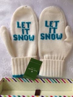KATE SPADE WHITE TURQUOISE WOOL MITTENS LET IT SNOW IN GIFT BOX NWTS 