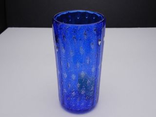 Murano Art Glass Vase Cylinder Shape Cobalt with Silver Spangles 6 3/8 