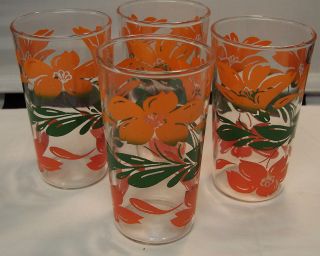Vintage NOS Retro Mid Century Orange Flower Drinking Glasses set 4