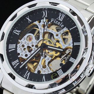 MENS STAINLESS STEEL BLACK WATCH AUTOMATIC MECHANICAL HOLLOW CASE 