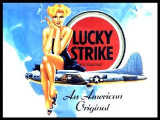 LUCKY STRIKE CIGARETTES B 17 FLYING FORTRESS PIN UP LADY SMOKING METAL 