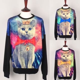 womens digital printed galaxy cat Jumper sweater top Crew Neck 