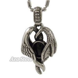 Silver Phoenix Wing Black Onyx Stainless Steel Pendant with 21 Chain 