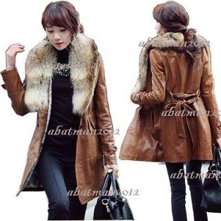   PU Leather Long Coat Fur Collar Overcoat Jacket Black S M L XL