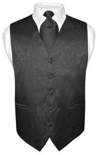 Mens Black Paisley Design Dress Vest NeckTie Set size XLarge