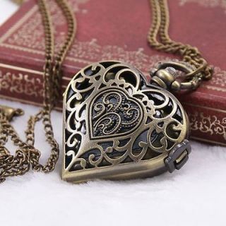   Heart Antique Style Xmas Gift Quartz Necklace Pocket Watch /Chain
