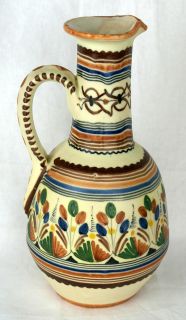 Toledo Pottery Pitcher Ewer Vase Artist Signed Hand Painted Colorful 