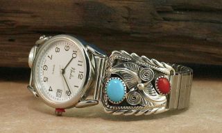Navajo Turquoise & Coral Sterling Silver Mens Watch* SIGNED* NEW