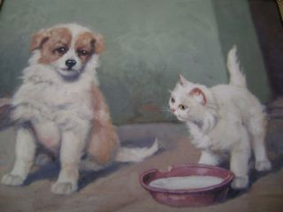 Vintage oil on board painting dog and cat signed M.Fekete   SKINNER 