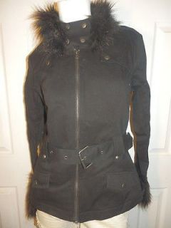 tripp black fur belted moto jacket coat size large nwt