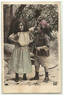 Cute Boy & Girl CHILDREN old Angola Interim Stamp Tinted Photo 