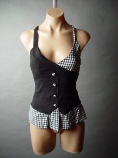   Punk Rock Skater Scene Emo Plaid Check Pin Up Bustier Top Blouse M