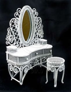White Wire Vanity Desk with Chair Mirror 1:12 Dolls House Dollhouse 