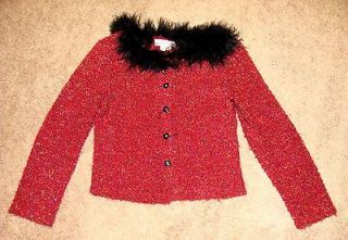 My Michelle Rustic Red with Black Feather Collar Cardigan Sweater Sz 7 
