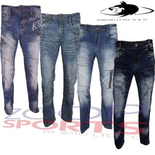 MENS KOSMO LUPO STICHED CRINKLE TAPERED FIT DESIGNER BLUE DENIM FADED 