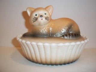 Westmoreland Glass HP ORANGE TABBY CAT ON NEST BASKET COVERED CANDY 