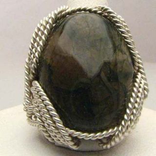 wire wrapped green moss agate sterling silver ring time left