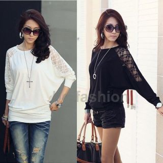   XXL New Womens Loose Batwing Sleeve Lace Shoulder Casual Top T Shirt