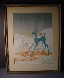 signed woody crumbo night sky with deer in snow silkscn