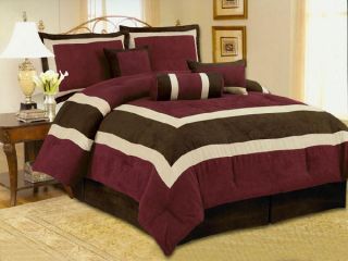 7pc New Comforter Set Soft Micro Suede Patchwork Black Burgundy Beige 