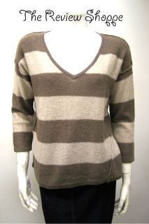 360 Cashmere Beige Wide Striped 100 Cashmere V Neck Sweater 3 4 Length 