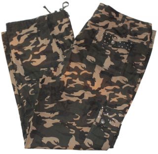 Womens Plus Size Cargo Army Green Camouflage Print Pants Studded 18 22 