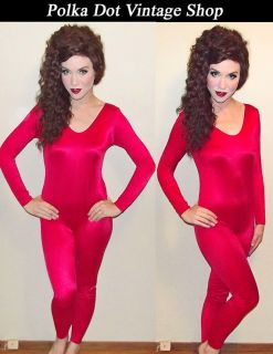 Womens Vintage 80s Red GLOSSY Shiny SPANDEX Catsuit Unitard Workout 