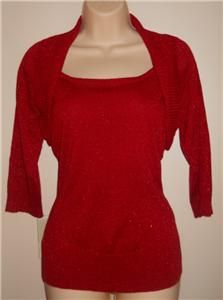 AB Studio Red Dressy Holiday Sweater Shrug Attached Metallic Threading 