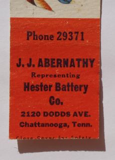 1950s Matchbook Abernathy Hester Battery Co. Mallard Duck Chattanooga 
