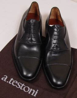 Testoni Shoes $1090 Black Raised Seam Captoe Handmade Oxford 9 42E 