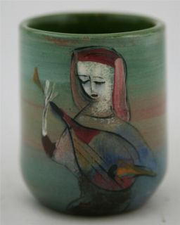 Polia Pillin 3 Vase w A Woman Playing A Mandolin in Green Blue Pink 
