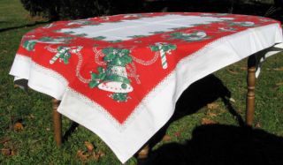 Bright Vtg Christmas Tablecloth Bells Candy Canes 66 x 45